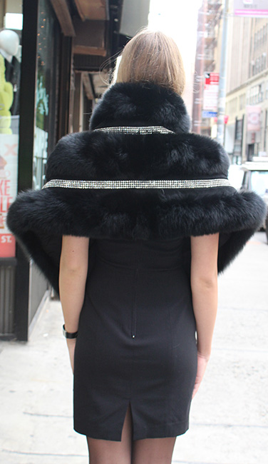 Black Fox Fur Stole Rhinestones Tails