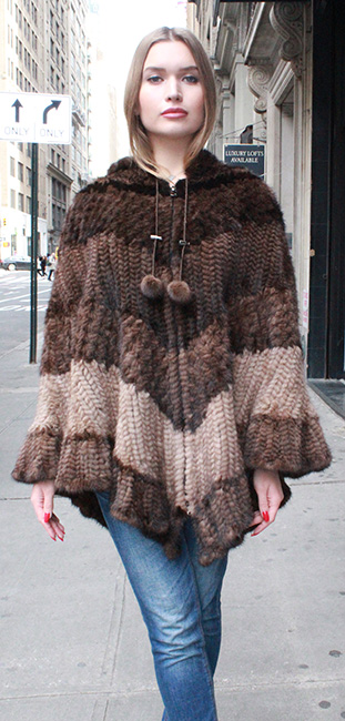 Multi Toned Knit Mink Fur Poncho Hood