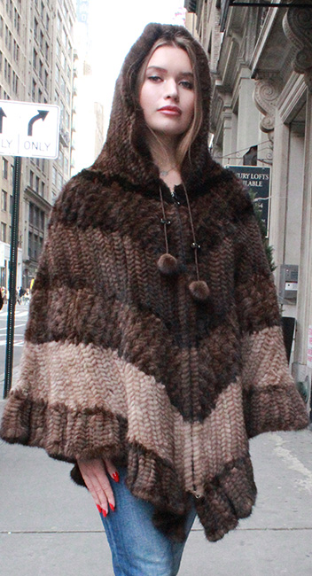 Multi Toned Knit Mink Fur Poncho Hood