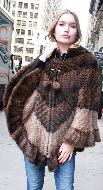 Multi Toned Knit Mink Fur Poncho Hood