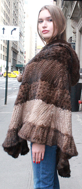 Multi Toned Knit Mink Fur Poncho Hood