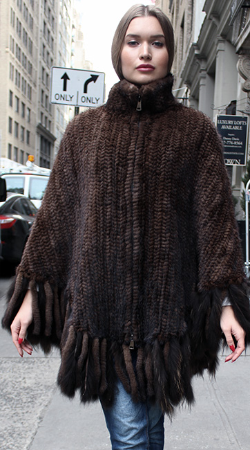 Mahogany Knit Mink Fur Zippered Poncho