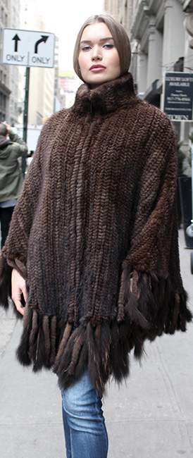 Mahogany Knit Mink Fur Zippered Poncho