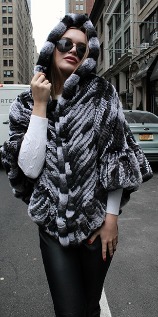 Black White Knit Rabbit Fur Poncho Hood