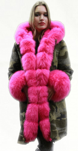 Green Camouflage Pink Fox Fur Trim