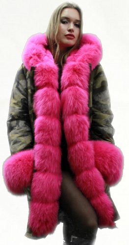 Green Camouflage Pink Fox Fur Trim