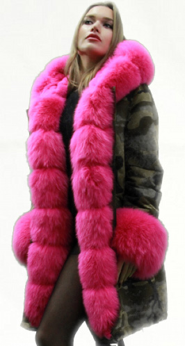 Green Camouflage Pink Fox Fur Trim