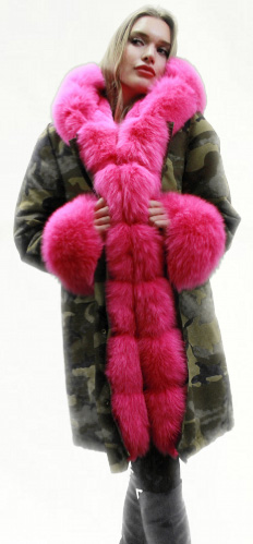 Green Camouflage Pink Fox Fur Trim