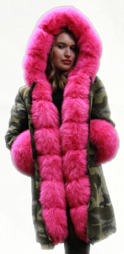 Green Camouflage Pink Fox Fur Trim