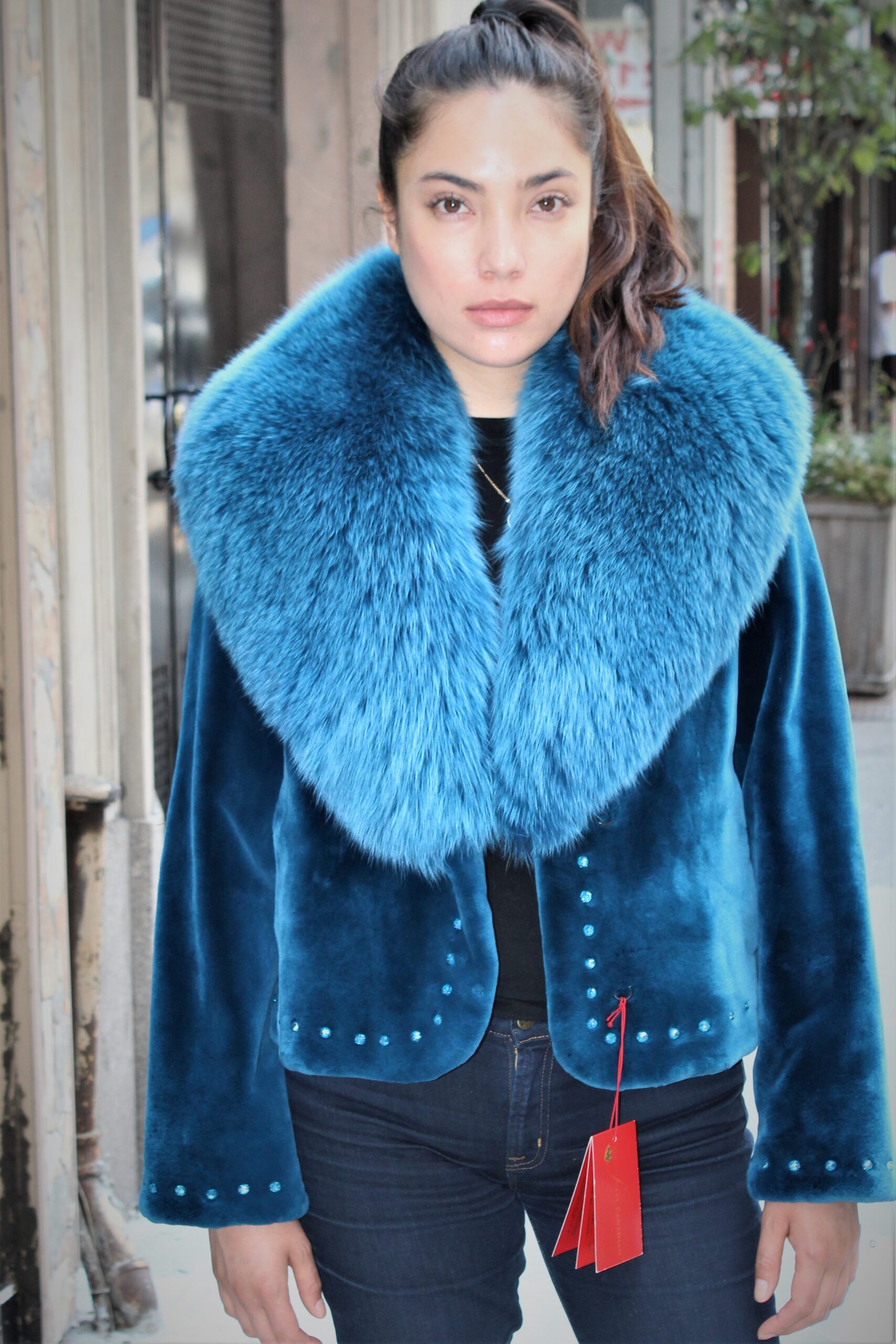 Zuki Blue Sheared Beaver Jacket Fox Collar