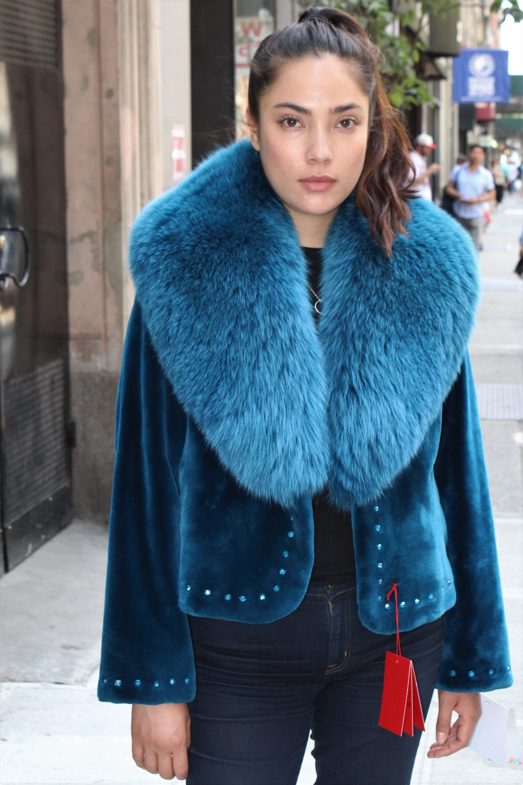 Zuki Blue Sheared Beaver Jacket Fox Collar