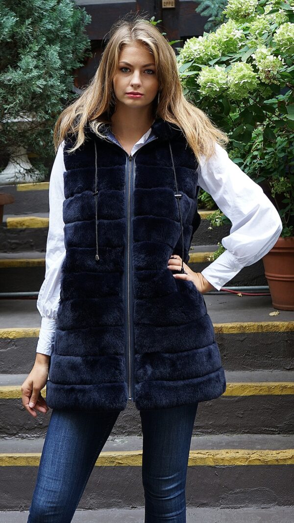 Navy Blue Rex Rabbit Fur Vest Hooded Reversible