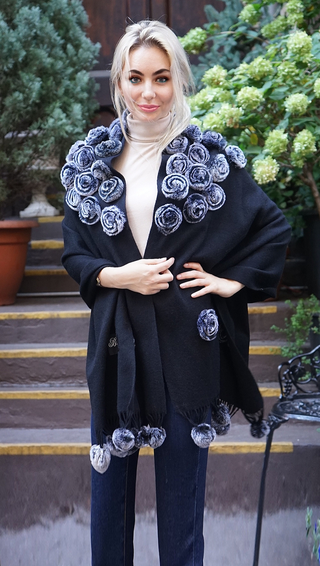 Black Wool Cashmere Cape Rex Rabbit Flowers