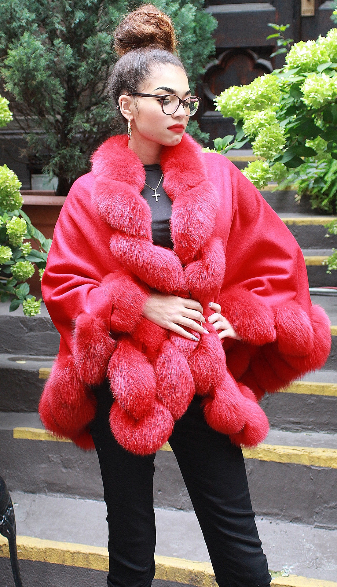 Red Cashmere Wool Cape Twisted Red Fox Trim