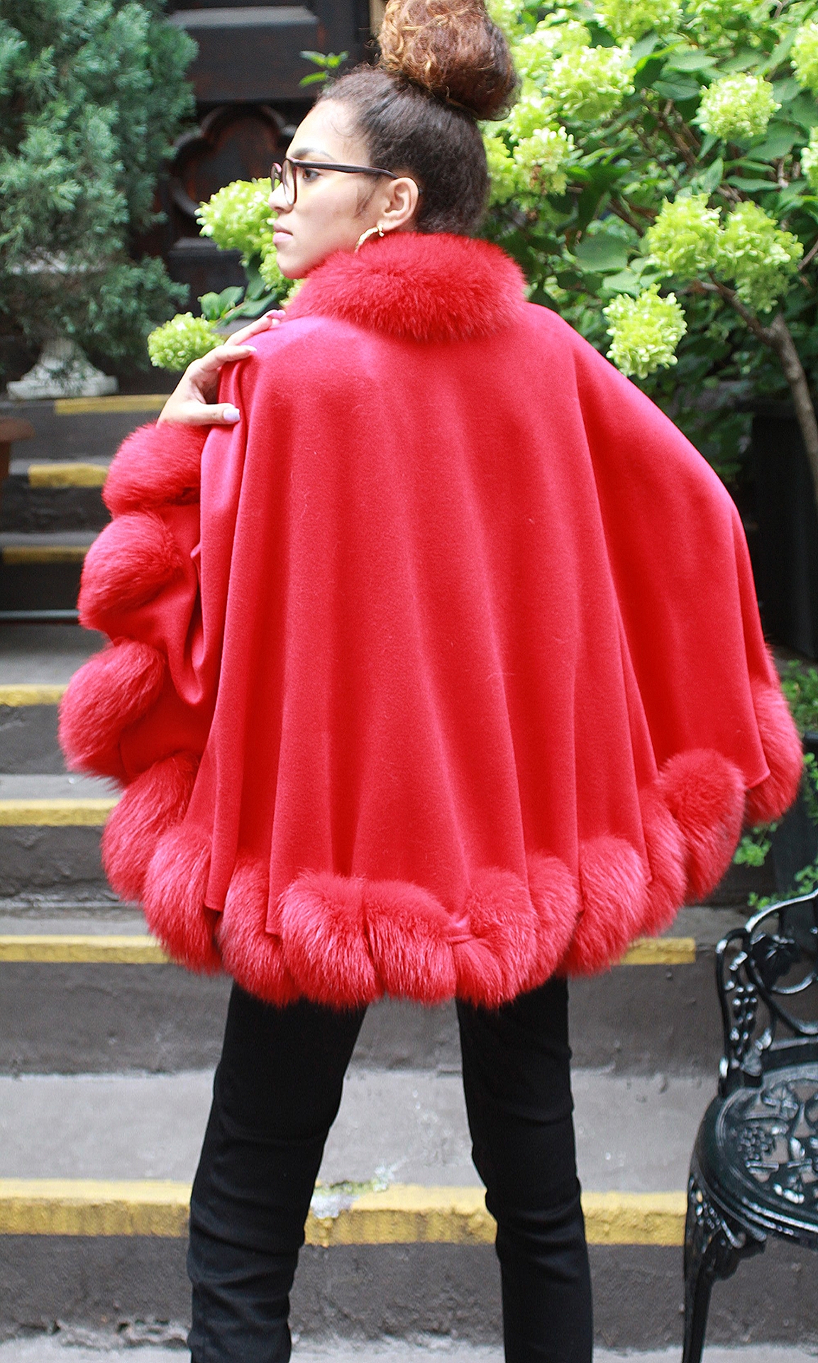 Red Cashmere Wool Cape Twisted Red Fox Trim