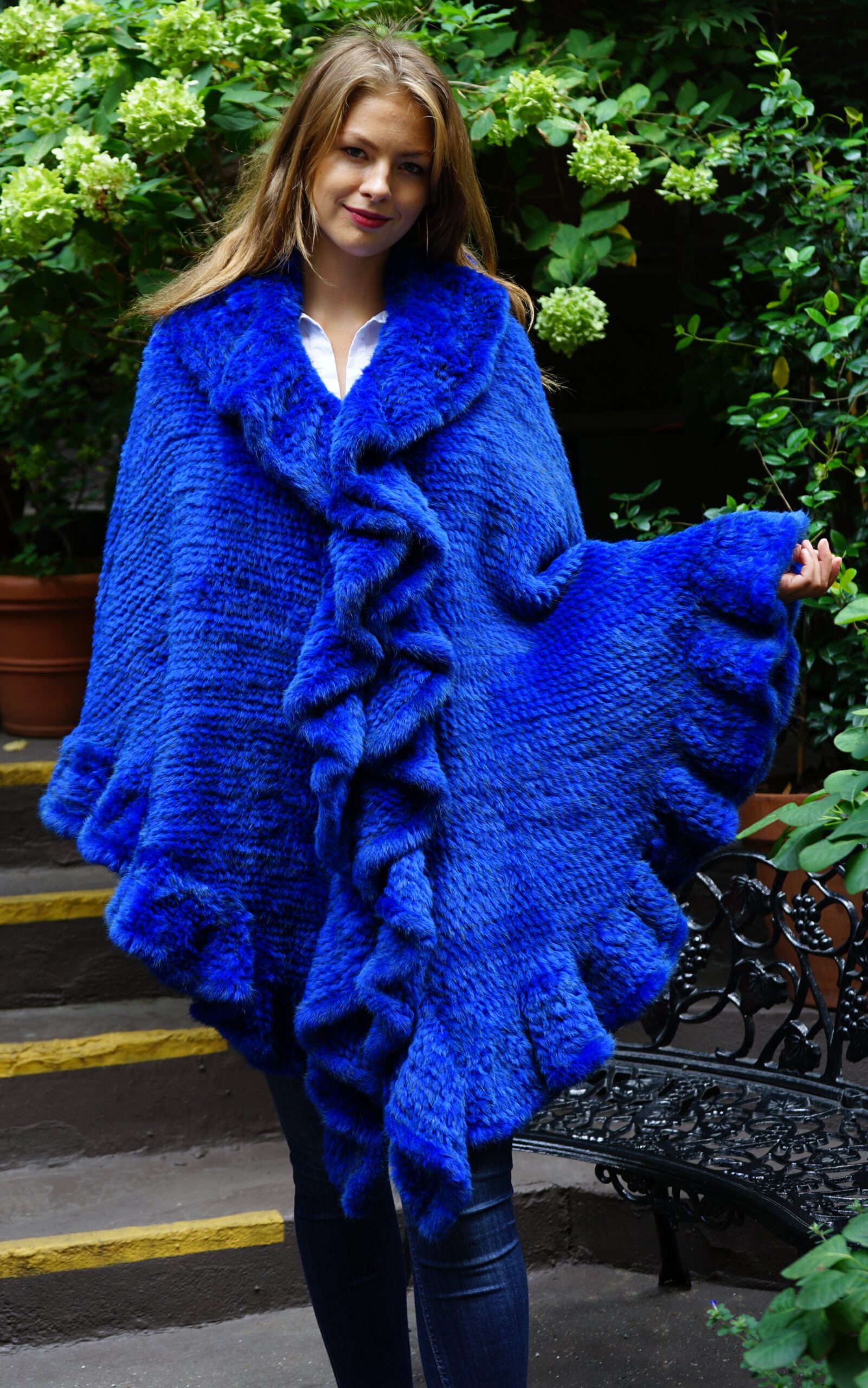 Royal Blue Knit Mink Poncho Ruffles