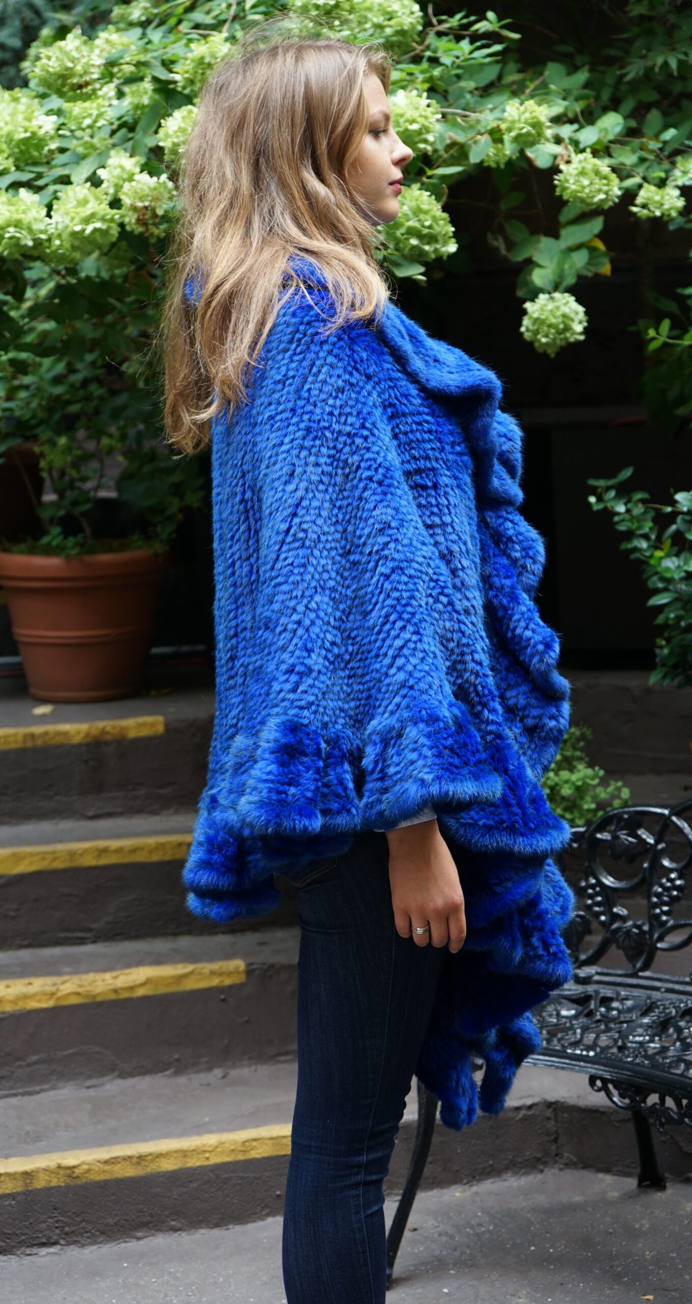 Royal Blue Knit Mink Poncho Ruffles