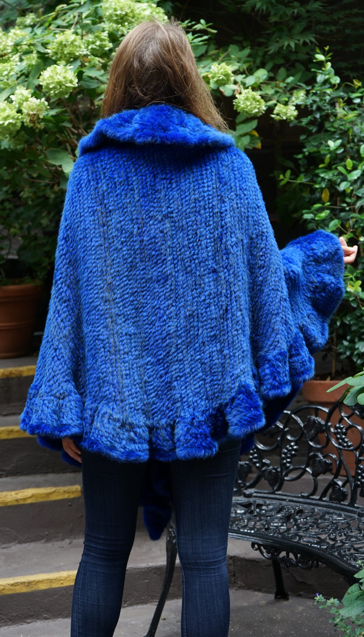 Royal Blue Knit Mink Poncho Ruffles