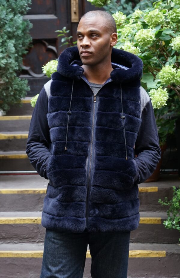 Men's Navy Blue Rex Hooded Fur Vest