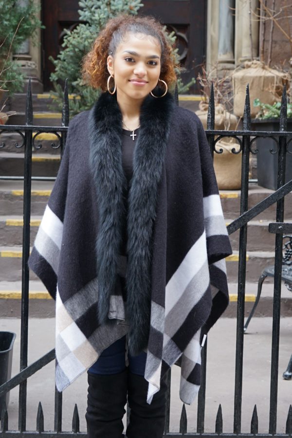 Gray Black White Cashmere Wool Fox Trim