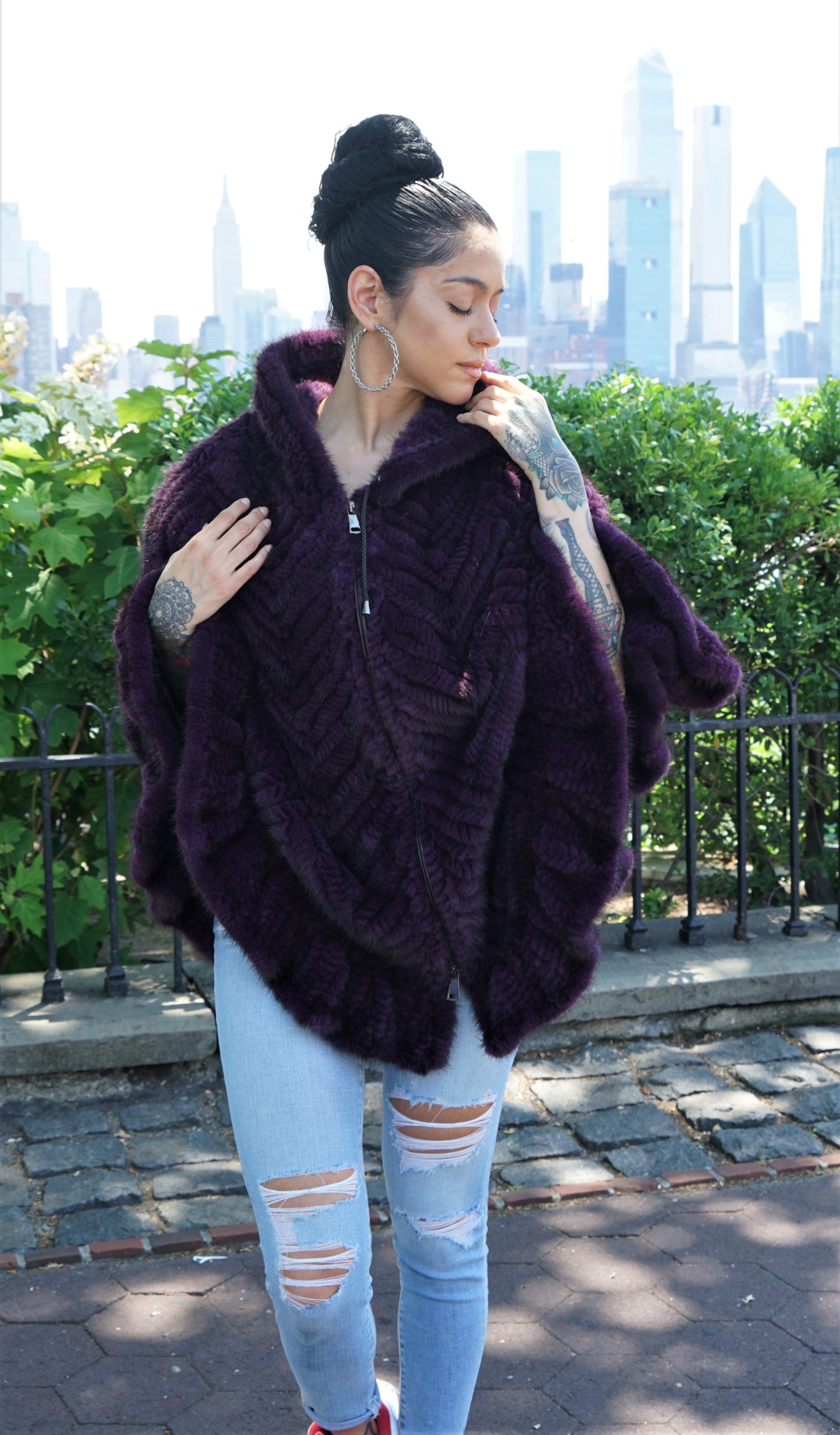 Purple Knit Mink Cape Hood