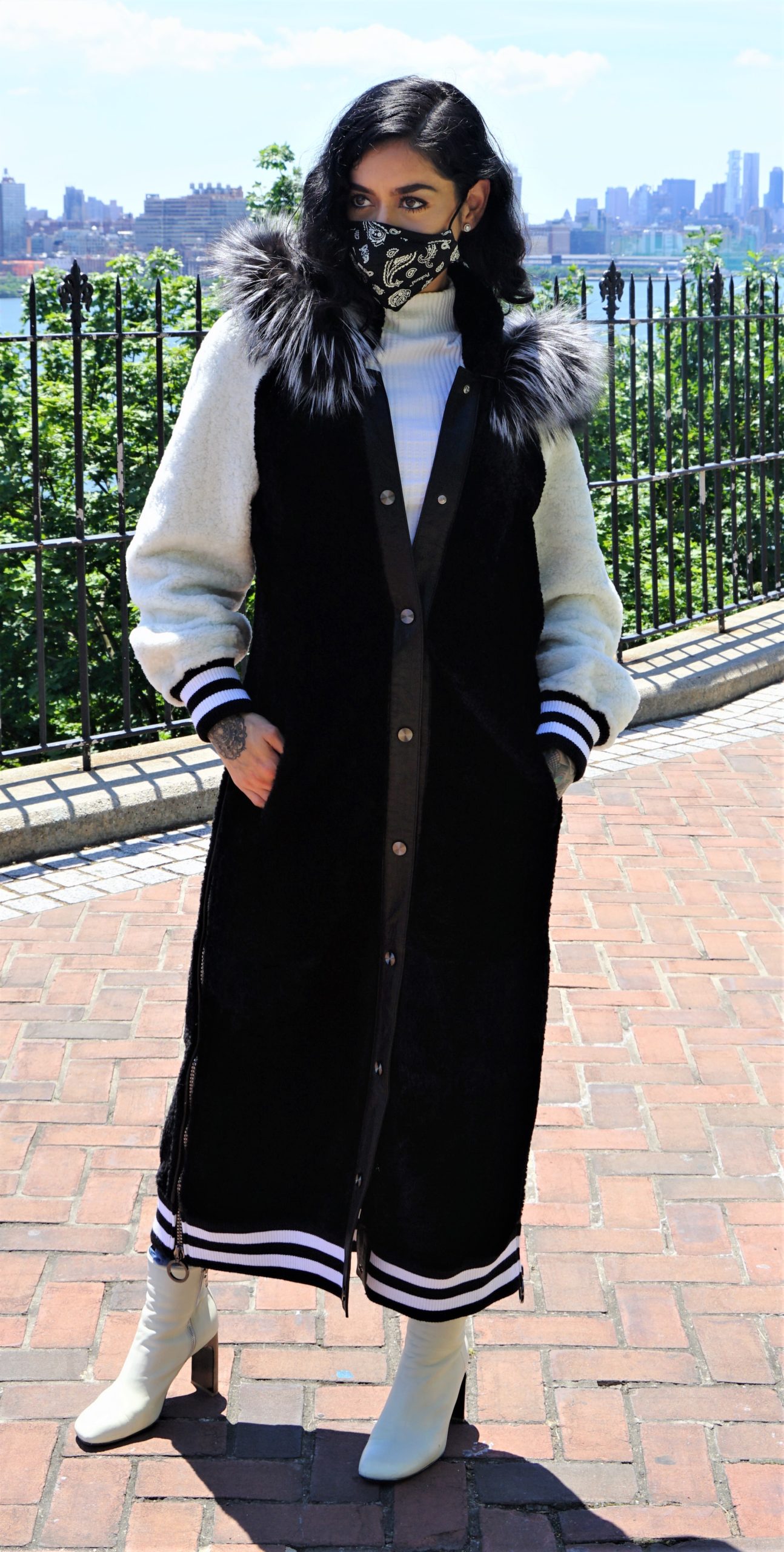 Black White Shearling Varsity Coat Silver Fox Trim