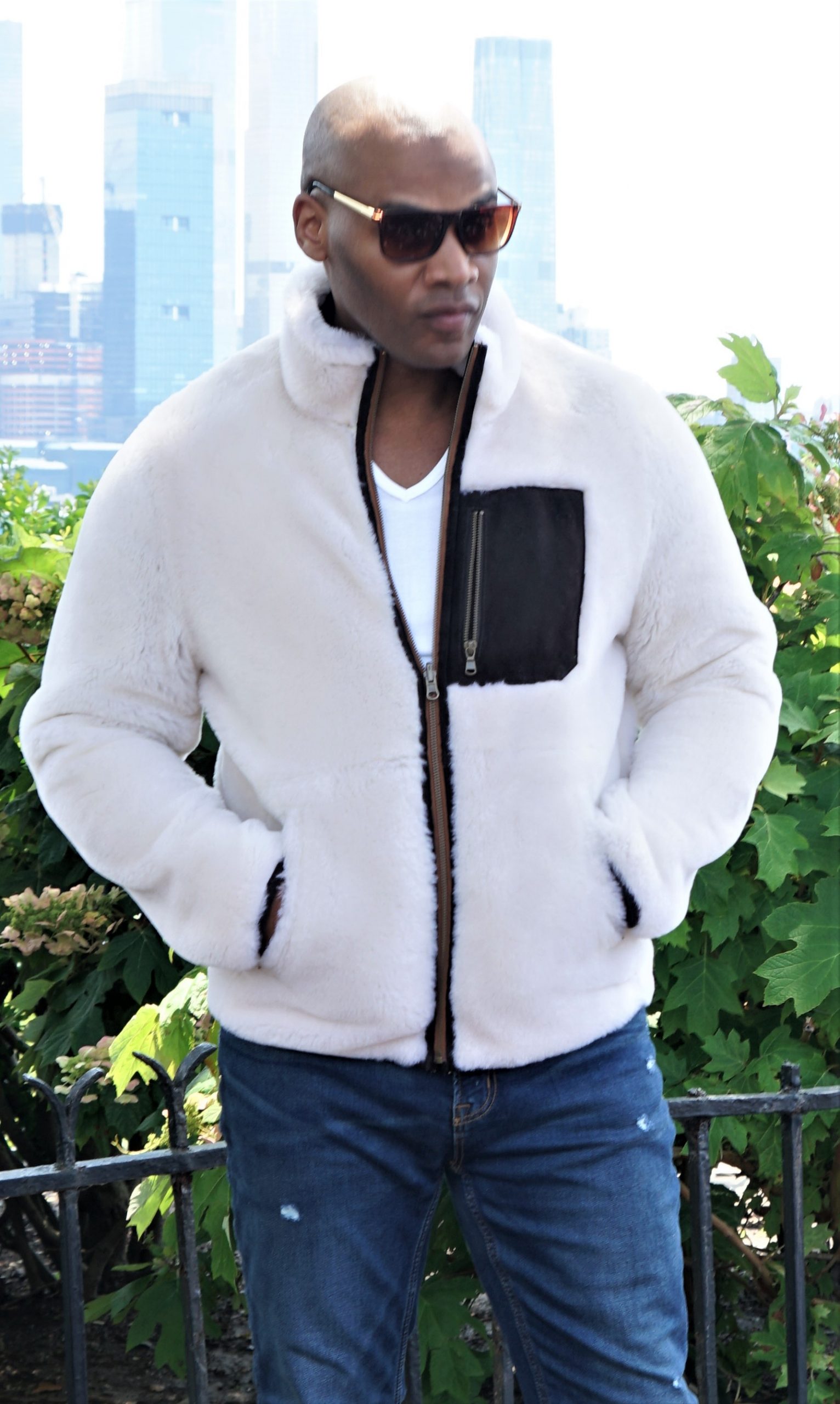 Men's White Shearling Jacket w/ Pocket