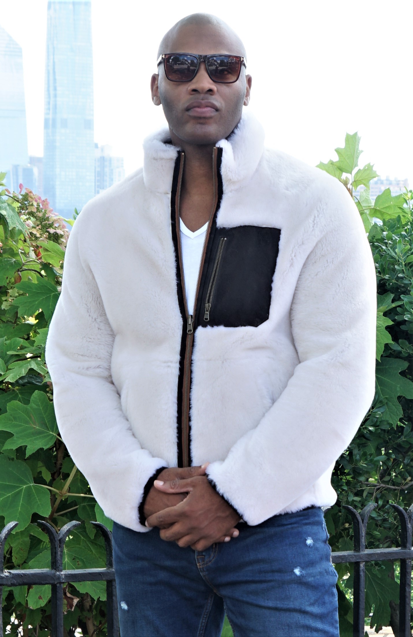 Designer Men’s White Shearling Jacket w/ Pocket 8755