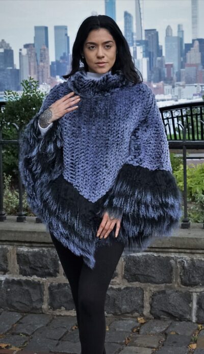 Soft Blue Knit Rex Rabbit Poncho w/ Finnish Raccoon Trim