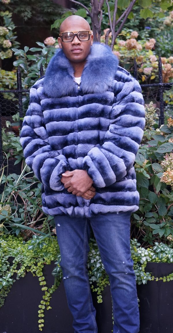 Men's Blue Dyed Rex Rabbit Chinchilla Design Jacket