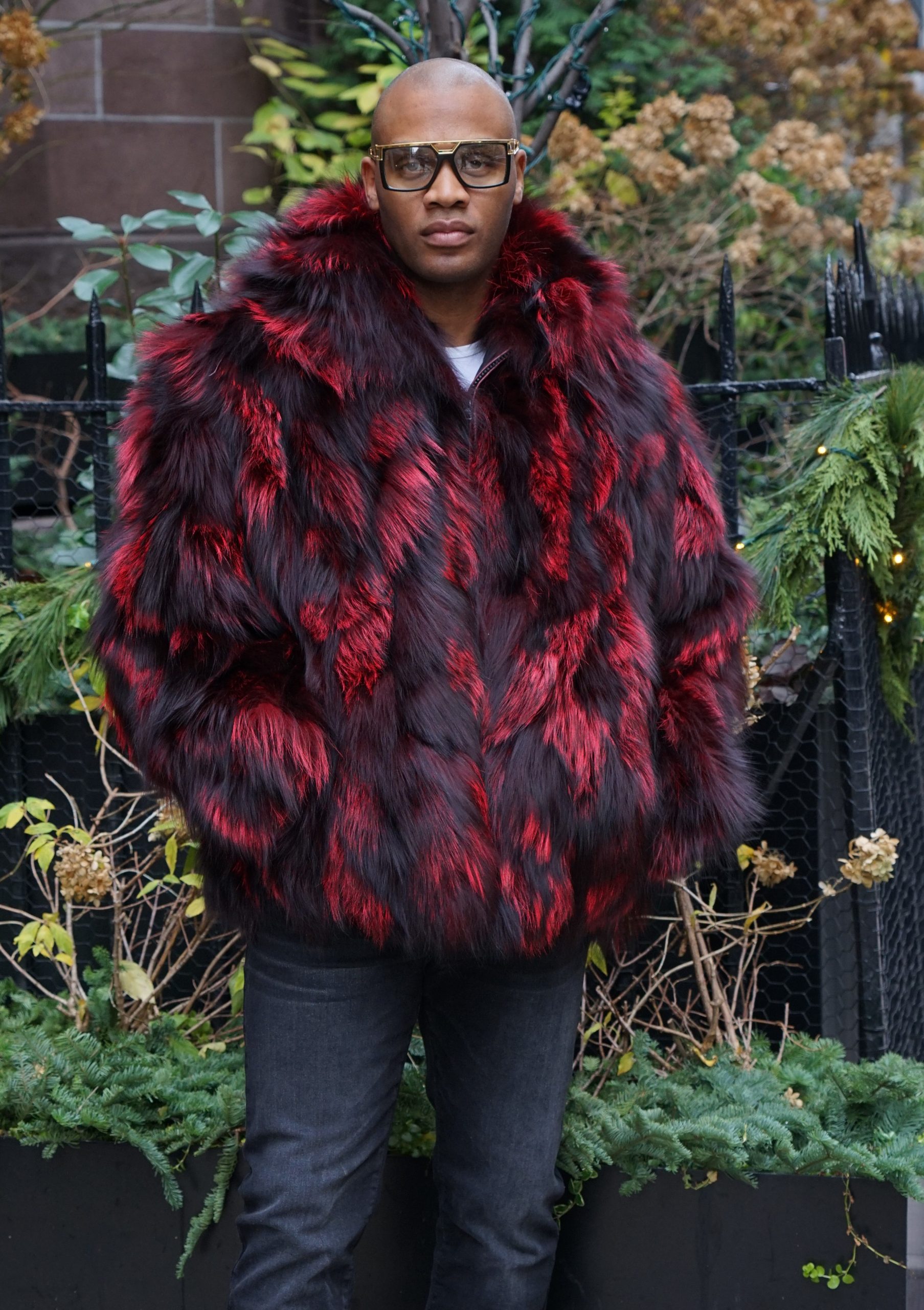 Burgundy Men's Fox Fur Jacket Hooded