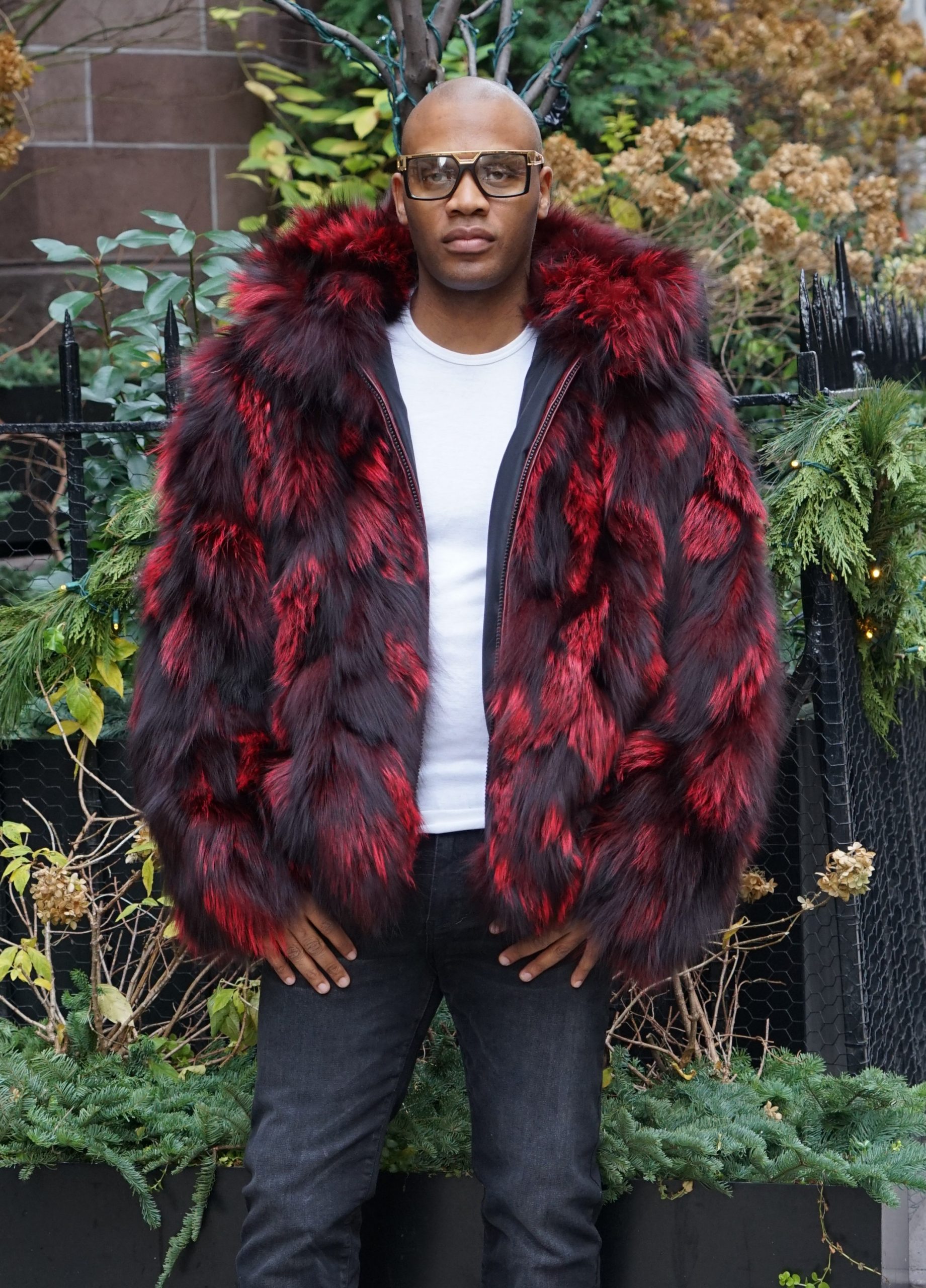 Burgundy Black Men’s Fox Fur Jacket Hooded