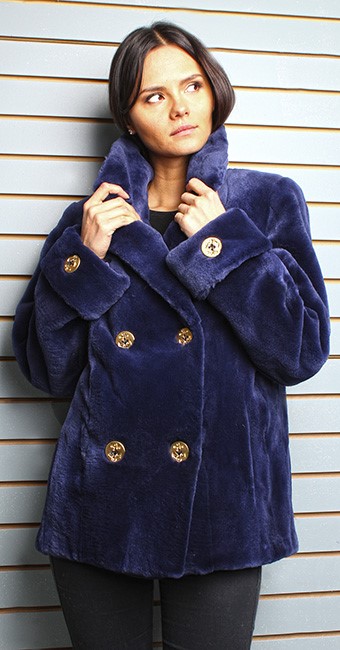 Navy Blue Sheared Mink Fur Pea Coat