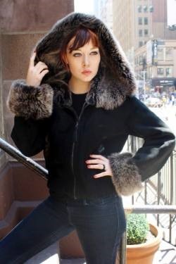 Black Shearling Jacket Grey Hood