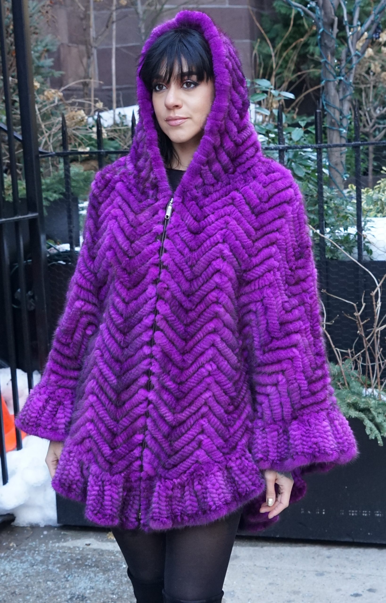 Fuchsia Knit Mink Poncho Hood