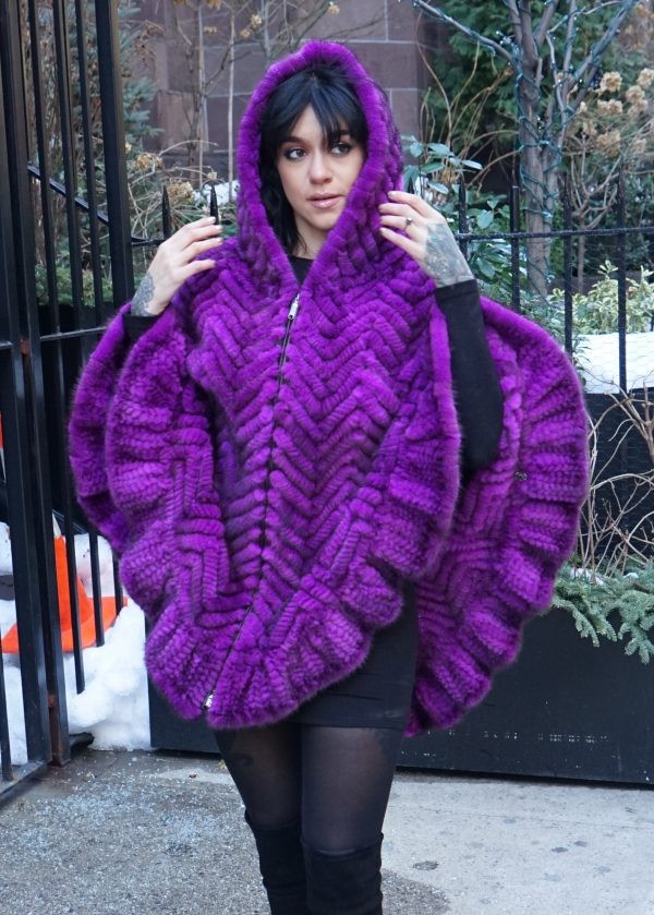 Fuchsia Knit Mink Poncho Hood