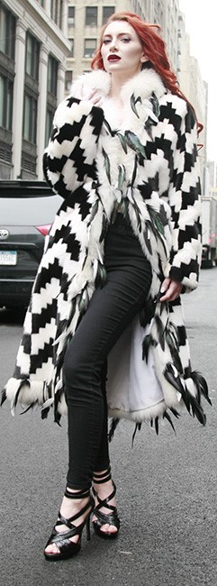 Black White Mink Fur Coat White Fox Fur Trim Black Leather Feathers