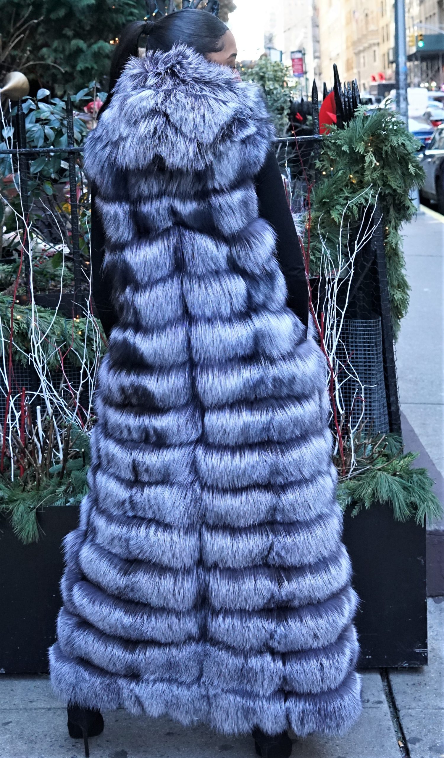 Hooded Horizontal Silver Fox Long Vest