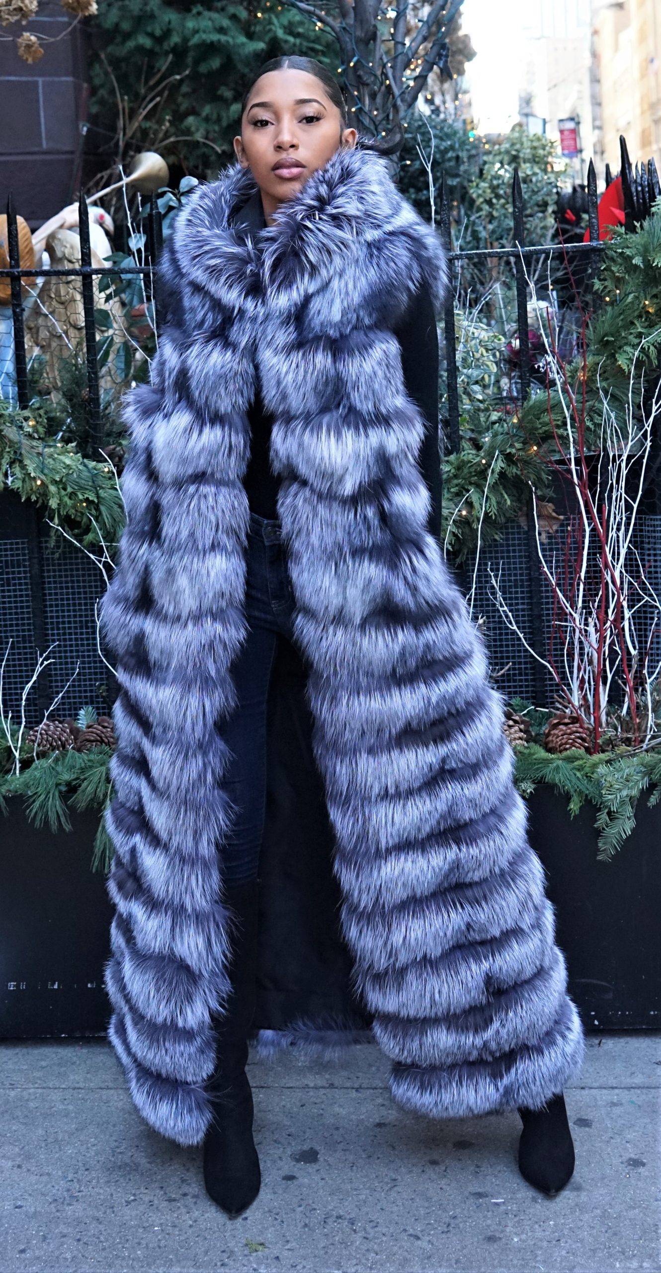 Hooded Horizontal Silver Fox Long Vest