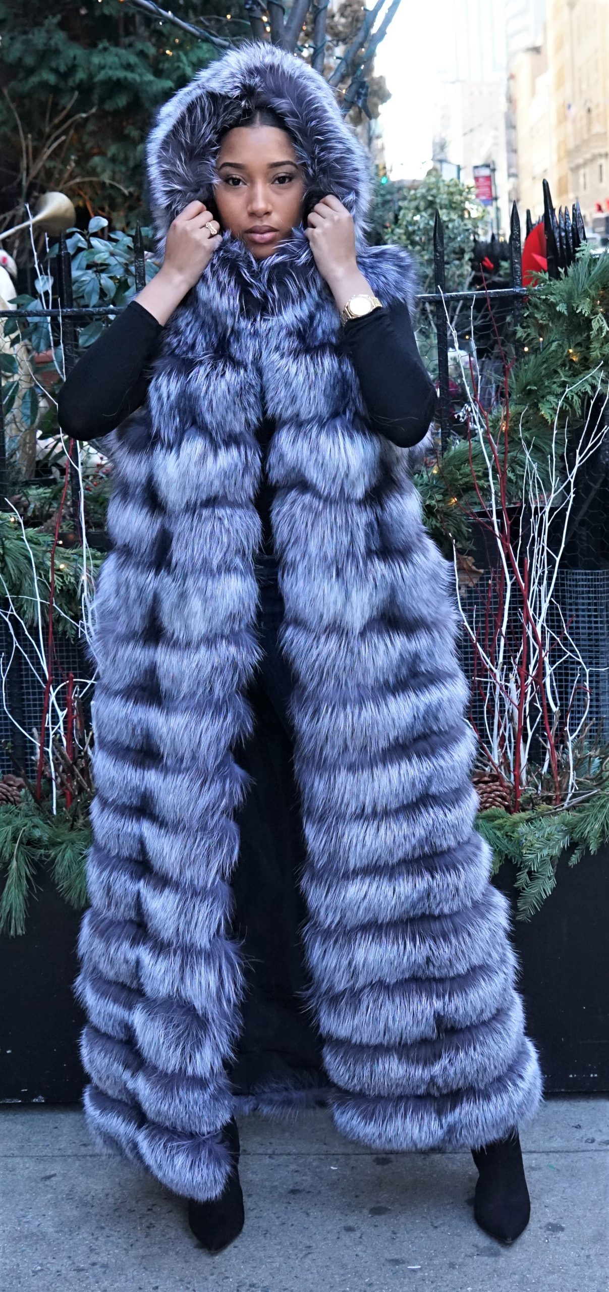 Hooded Horizontal Silver Fox Long Vest