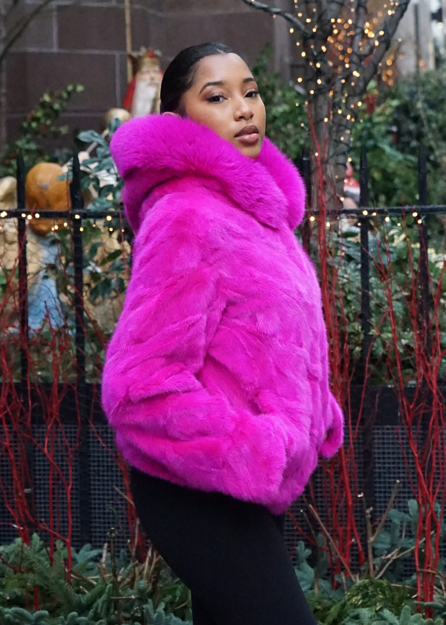 Fuchsia Mink Hooded Jacket Fox Trim