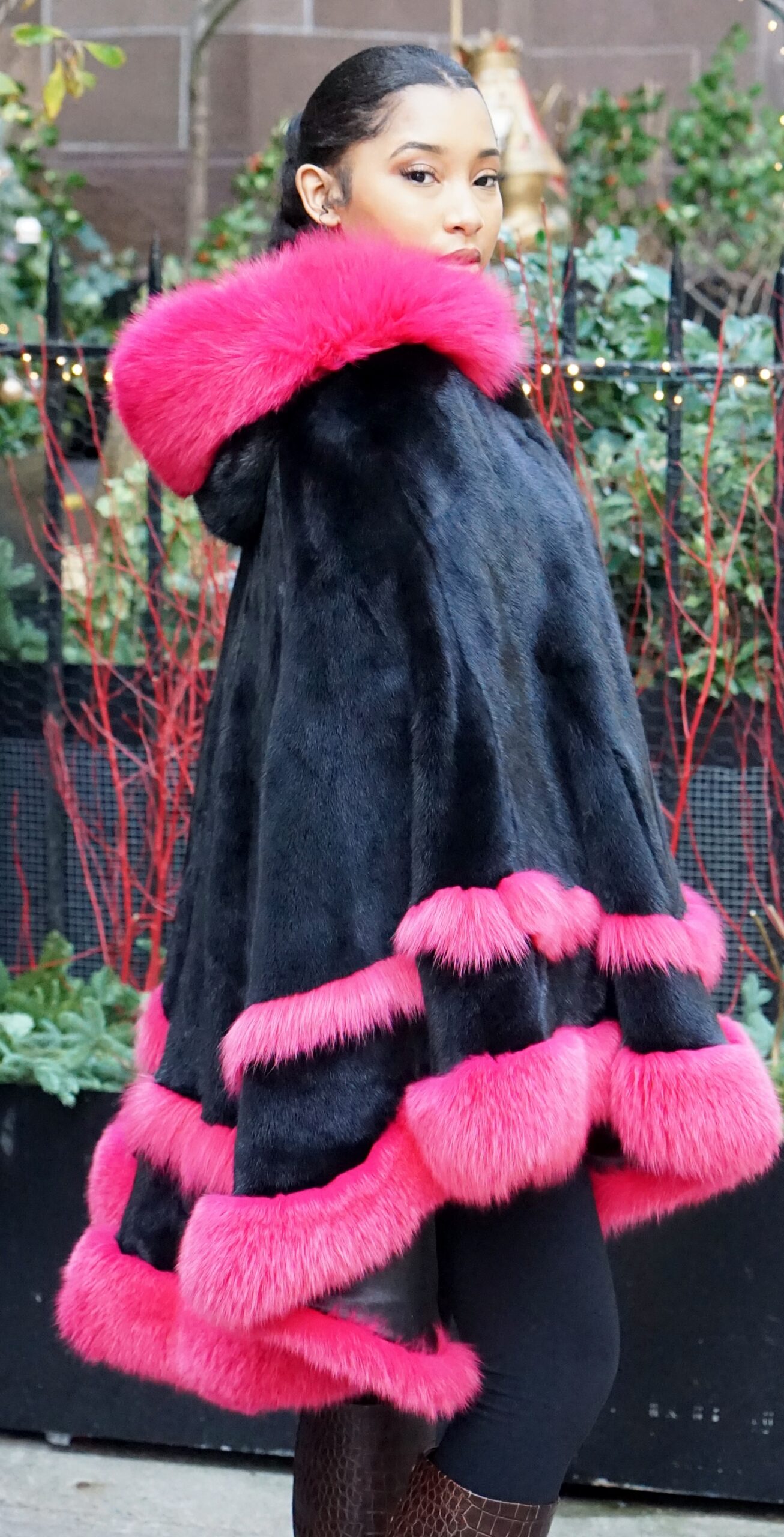 Black Mink Poncho Fuchsia Fox Trim Hooded