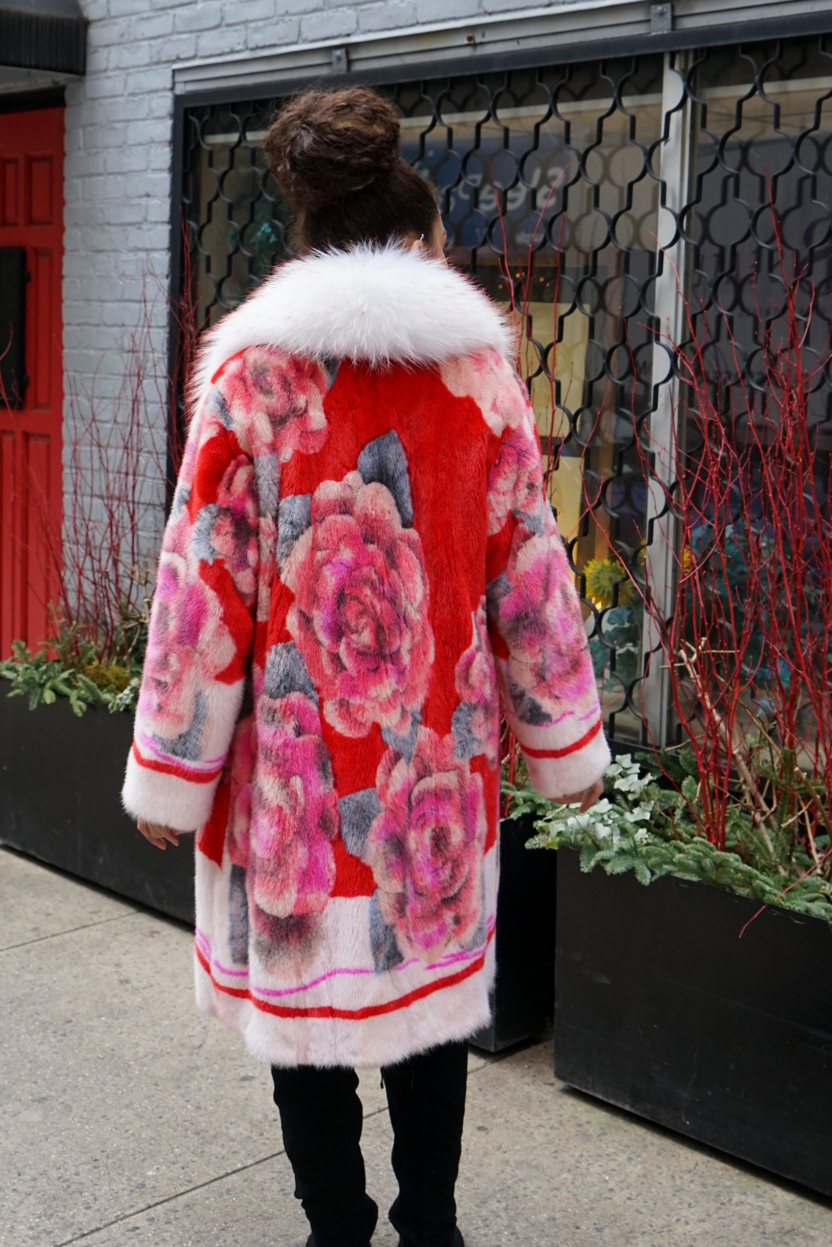 Red Pink Floral Mink Fluffy Red Tipped Fur Collar