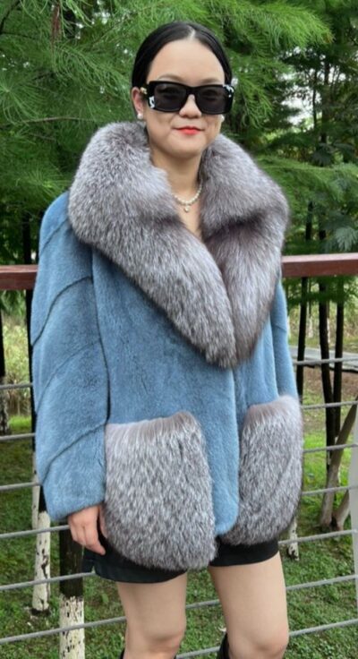 Powder Blue Mink Jacket Indigo Fox Trim