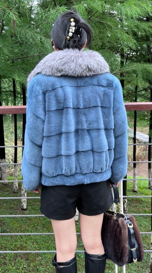 Powder Blue Mink Jacket Indigo Fox Trim