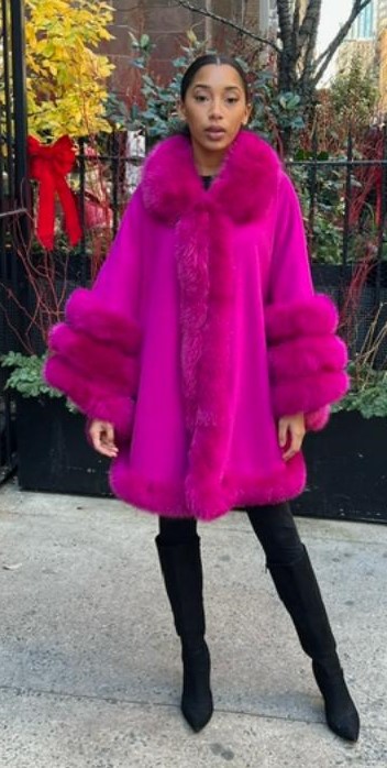 Fushia Cashmere Wool Cape Fox Trim