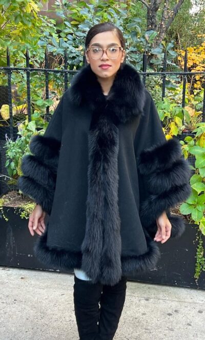 Black Cashmere Wool Cape Black Fox Trim