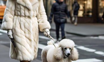 Elegant Woman Mink Coat Walking Dog