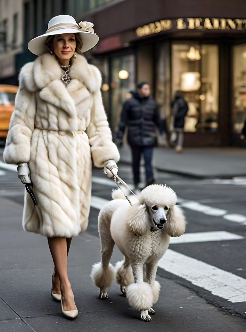 Elegant Woman Mink Coat Walking Dog