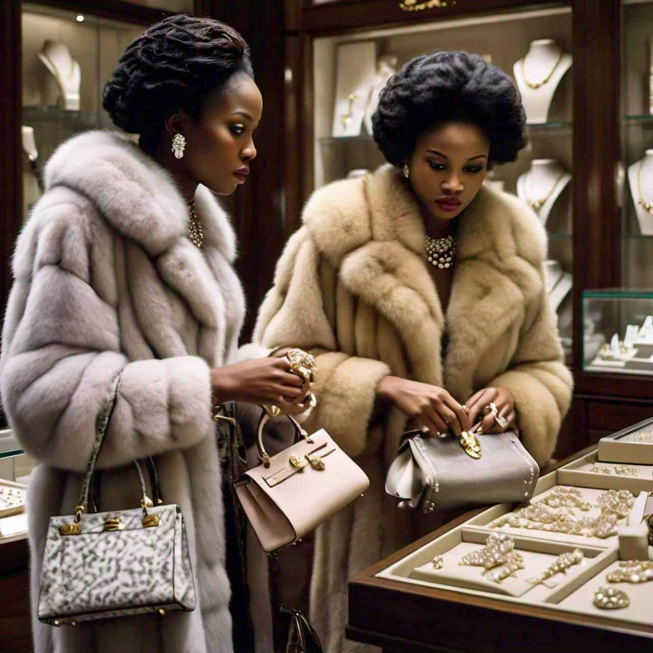 Woman Jewlery Shopping in Mink Coats